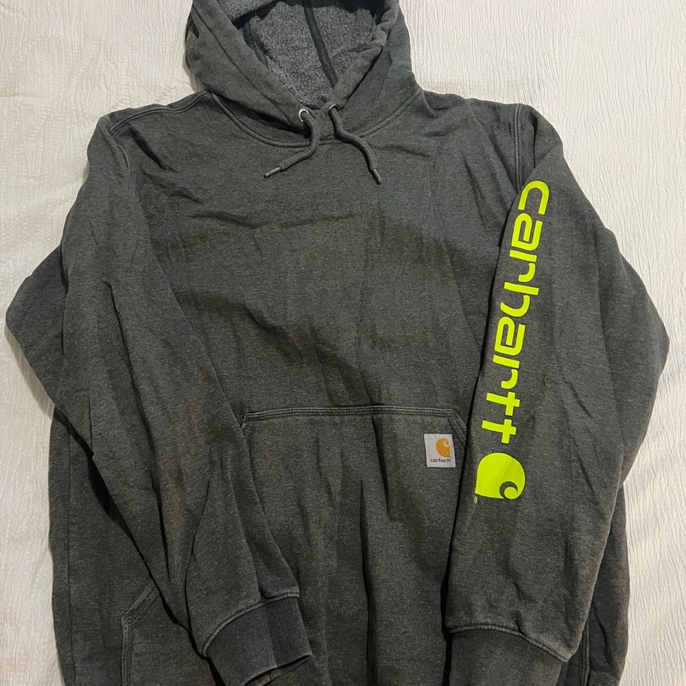 Carhartt Men's Charcoal Hoodie with Lime Logo